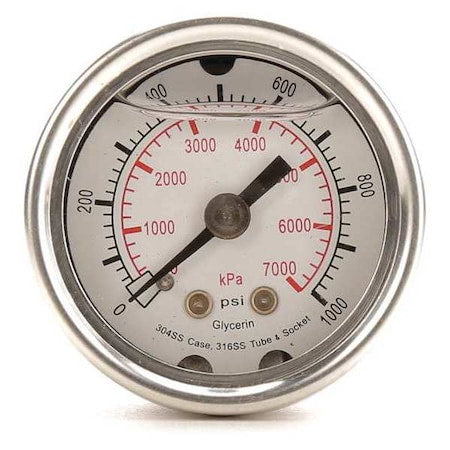 Commercial Pressure Gauge, 0 to 1, 000 psi, 1 1/2 in Dial, 1/8 in NPT, Center Back Location
