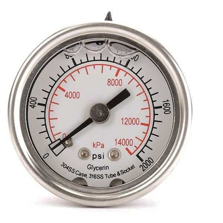 Commercial Pressure Gauge, 0 to 2, 000 psi, 1 1/2 in Dial, 1/8 in NPT, Center Back Location