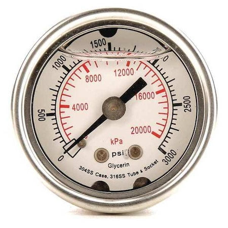 Commercial Pressure Gauge, 0 to 3, 000 psi, 1 1/2 in Dial, 1/8 in NPT, Center Back Location