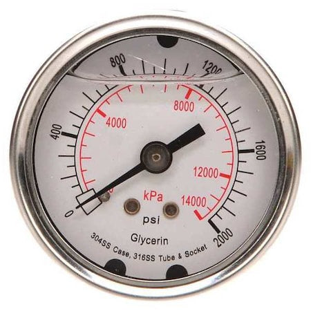 Commercial Pressure Gauge, 0 to 2, 000 psi, 2 in Dial, 1/4 in NPT, Center Back Location