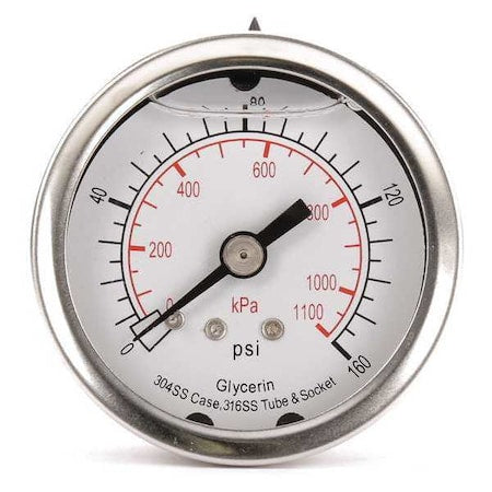 Commercial Pressure Gauge, 0 to 160 psi, 2 in Dial, 1/4 in NPT, Center Back Location