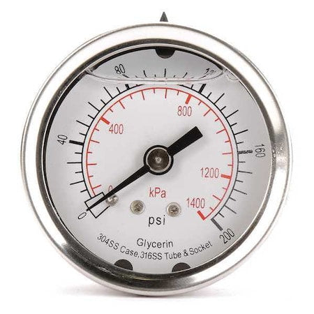 Commercial Pressure Gauge, 0 to 200 psi, 2 in Dial, 1/4 in NPT, Center Back Location