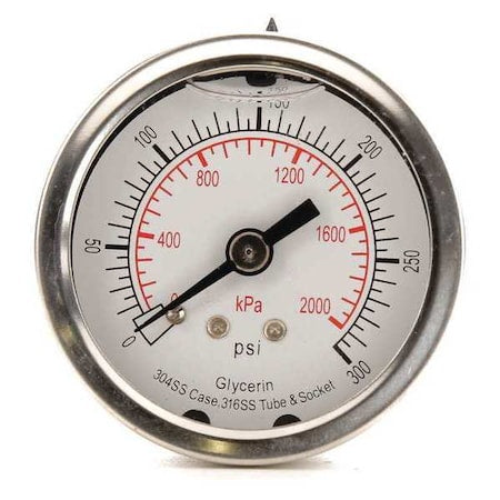 Commercial Pressure Gauge, 0 to 300 psi, 2 in Dial, 1/4 in NPT, Center Back Location