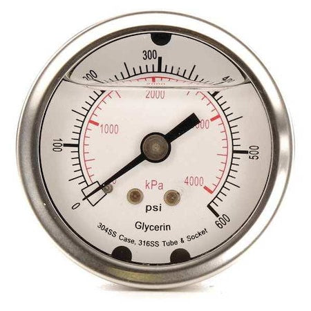 Commercial Pressure Gauge, 0 to 600 psi, 2 in Dial, 1/4 in NPT, Center Back Location