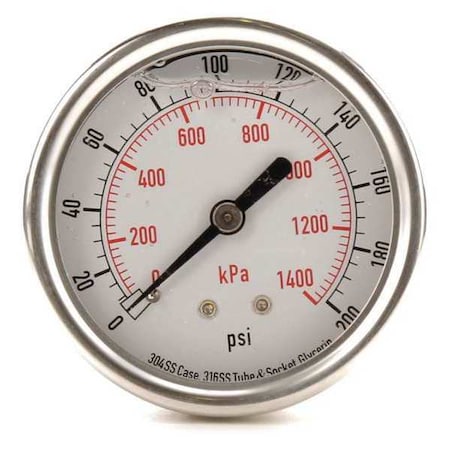 Commercial Pressure Gauge, 0 to 200 psi, 2 1/2 in Dial, 1/4 in NPT, Center Back Location