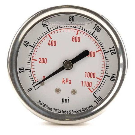 Commercial Pressure Gauge, 0 to 160 psi, 2 1/2 in Dial, 1/4 in NPT, Center Back Location