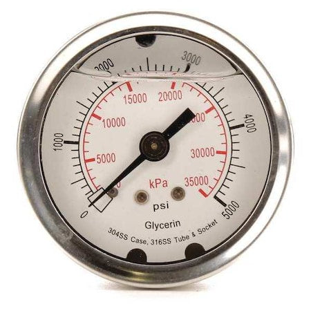 Commercial Pressure Gauge, 0 to 5, 000 psi, 2 in Dial, 1/4 in NPT, Center Back Location