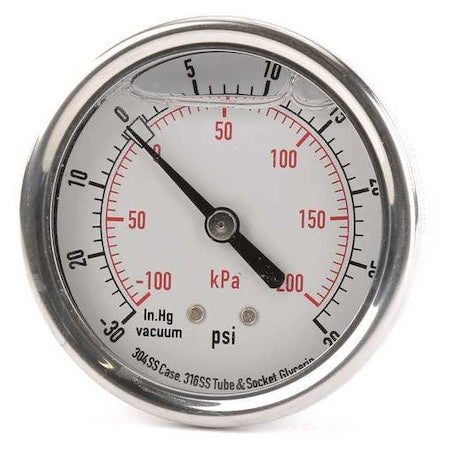 Commercial Compound Gauge, 30 to 0 to 30 psi, 2 1/2 in Dial, 1/4 in NPT, Center Back Location