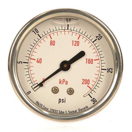 Commercial Pressure Gauge, 0 to 30 psi, 2 1/2 in Dial, 1/4 in NPT, Center Back Location