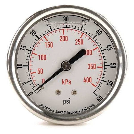 Commercial Pressure Gauge, 0 to 60 psi, 2 1/2 in Dial, 1/4 in NPT, Center Back Location