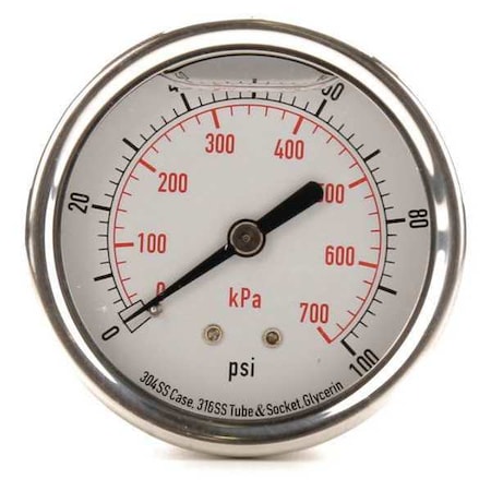 Commercial Pressure Gauge, 0 to 100 psi, 2 1/2 in Dial, 1/4 in NPT, Center Back Location