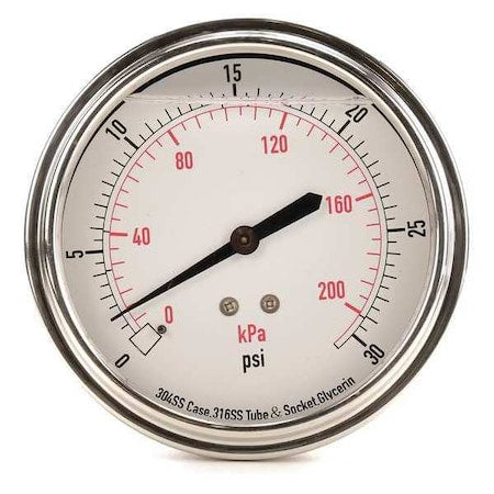 Commercial Pressure Gauge, 0 to 30 psi, 3 1/2 in Dial, 1/4 in NPT, Center Back Location