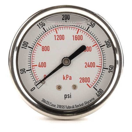 Commercial Pressure Gauge, 0 to 400 psi, 2 1/2 in Dial, 1/4 in NPT, Center Back Location