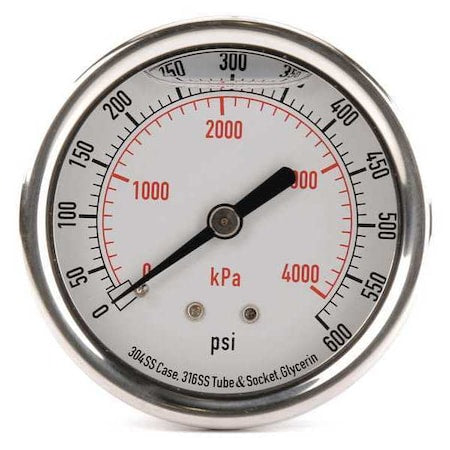 Commercial Pressure Gauge, 0 to 600 psi, 2 1/2 in Dial, 1/4 in NPT, Center Back Location