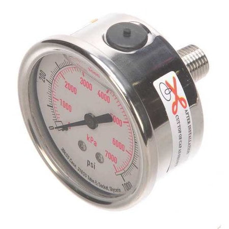 Commercial Pressure Gauge, 0 to 1, 000 psi, 2 1/2 in Dial, 1/4 in NPT, Center Back Location