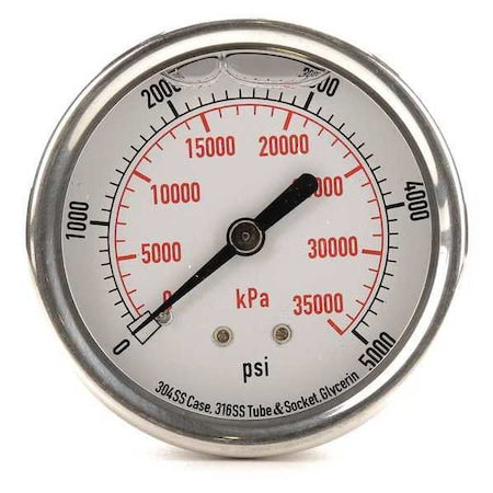 Commercial Pressure Gauge, 0 to 5, 000 psi, 2 1/2 in Dial, 1/4 in NPT, Center Back Location