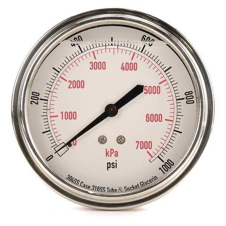 Commercial Pressure Gauge, 0 to 1, 000 psi, 3 1/2 in Dial, 1/4 in NPT, Center Back Location