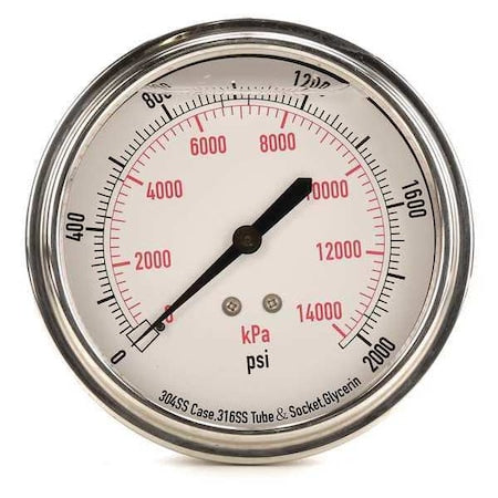 Commercial Pressure Gauge, 0 to 2, 000 psi, 3 1/2 in Dial, 1/4 in NPT, Center Back Location