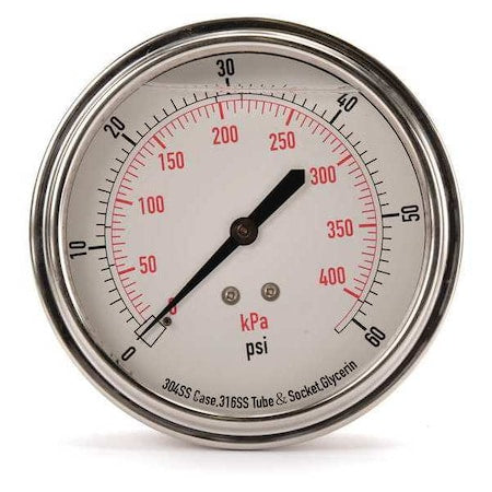 Commercial Pressure Gauge, 0 to 60 psi, 3 1/2 in Dial, 1/4 in NPT, Center Back Location