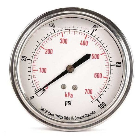 Commercial Pressure Gauge, 0 to 100 psi, 3 1/2 in Dial, 1/4 in NPT, Center Back Location