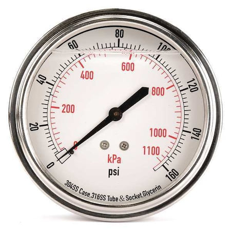 Commercial Pressure Gauge, 0 to 160 psi, 3 1/2 in Dial, 1/4 in NPT, Center Back Location