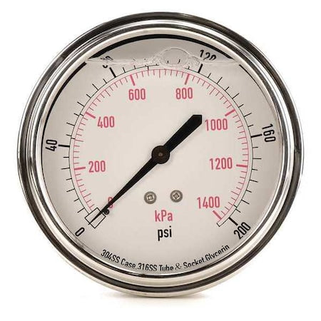 Commercial Pressure Gauge, 0 to 200 psi, 3 1/2 in Dial, 1/4 in NPT, Center Back Location