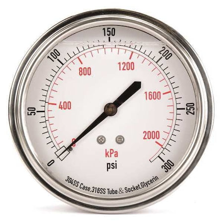 Commercial Pressure Gauge, 0 to 300 psi, 3 1/2 in Dial, 1/4 in NPT, Center Back Location
