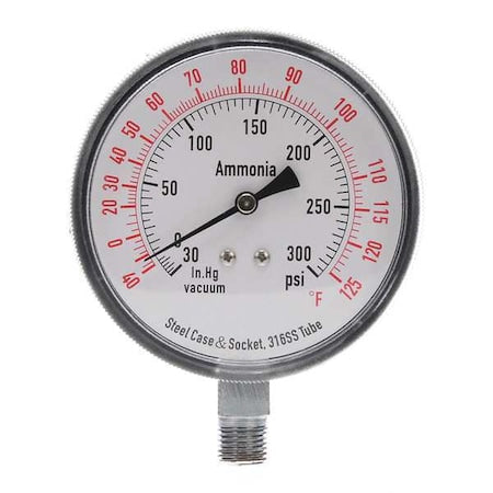 Ammonia & Refrigerant Compound Gauge, 30 to 0 to 300 psi, 3 1/2 in Dial, 1/4 in NPT