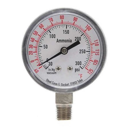 Ammonia & Refrigerant Compound Gauge, 30 to 0 to 300 psi, 2 1/2 in Dial, 1/4 in NPT