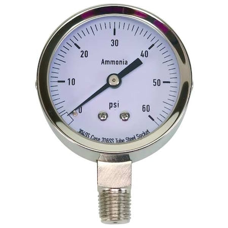 Commercial Pressure Gauge, 0 to 60 psi, 2 1/2 in Dial, 1/4 in NPT, Bottom Location