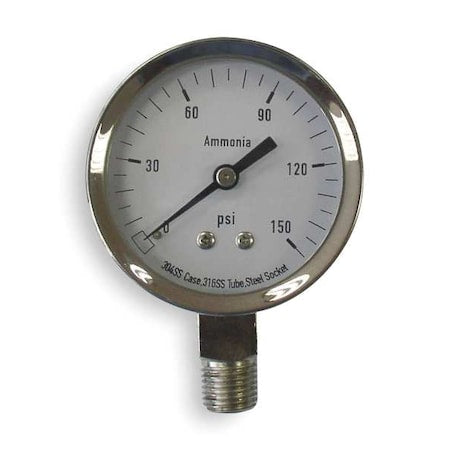 Commercial Pressure Gauge, 0 to 150 psi, 2 1/2 in Dial, 1/4 in NPT, Bottom Location