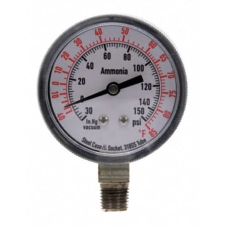 Ammonia & Refrigerant Compound Gauge, 30 to 0 to 150 psi, 2 1/2 in Dial, 1/4 in NPT