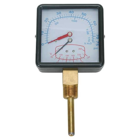 Boiler Gauge, Square, 0-75 PSI, 60 to 260 F