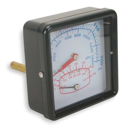 Boiler Gauge, Square, 0-200PSI, 80 to 320 F