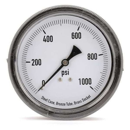 Panel-Mount Pressure Gauge, 0 to 1, 000 psi, 3 1/2 in Dial, 1/4 in NPT, Center Back Location