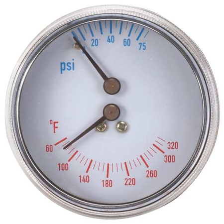 Boiler Gauge, Round, 0-75 PSI, 60 to 260 F, Case Color: Black