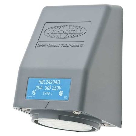 Flanged Locking Receptacle, L15-20R, 20 A, 250V AC, Three Phase, 3 Pole, Flush Mount, Gray