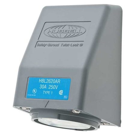 Flanged Locking Receptacle, L6-30R, 30 A, 250V AC, Single Phase, 2 Pole, Flush Mount, Gray, White