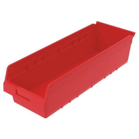 Shelf Storage Bin, Plastic, Red, 6 in H, 8 3/8 in W, 23 5/8 in L