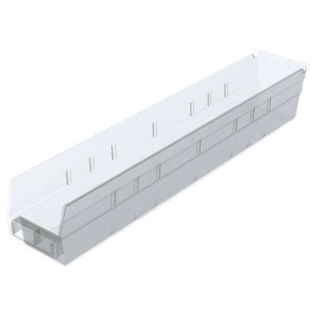 Shelf Storage Bin, Plastic, Clear, 4 in H, 4 1/8 in W, 23 5/8 in L