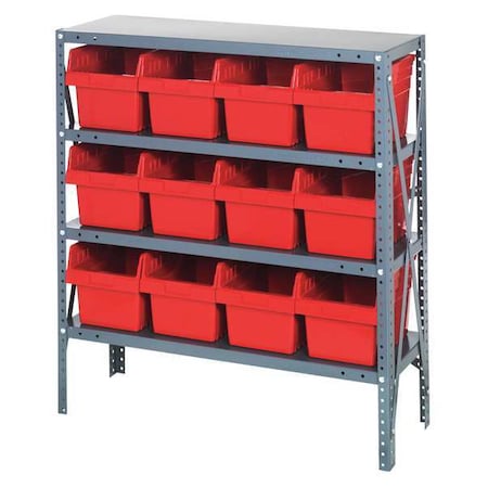 Steel Bin Shelving, 12 in D x 39 in H x 36 in W, 4 Shelves, Red