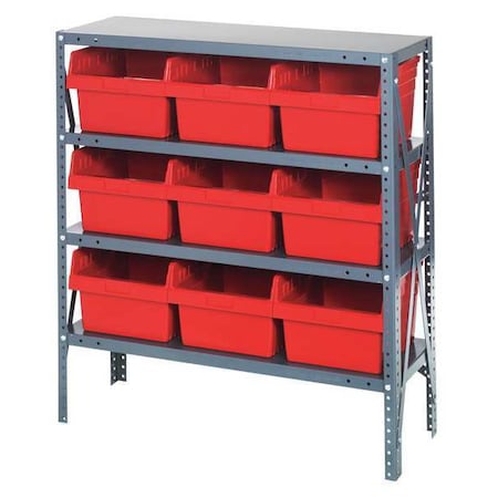 Steel Bin Shelving, 12 in D x 39 in H x 36 in W, 4 Shelves, Red