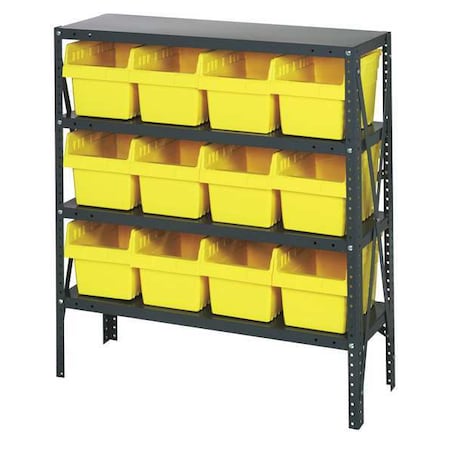Steel Bin Shelving, 12 in D x 39 in H x 36 in W, 4 Shelves, Yellow
