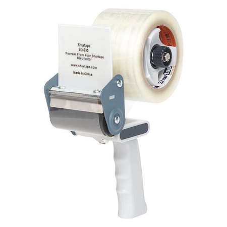 Tape Dispenser, 3 in Max. Tape Width. 6 1/4 in Tape Core Dia, Pistol, Plastic, Gray