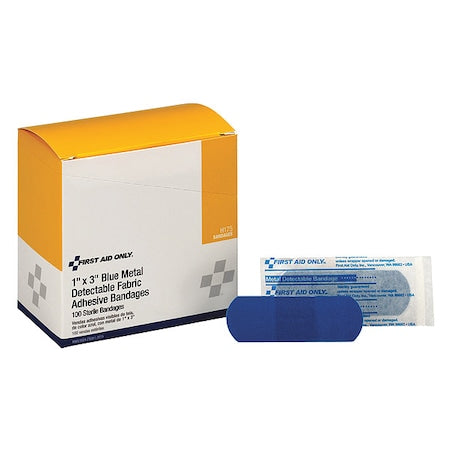 Adhesive Bandage, Strip Bandages, 1 in Wide, 3 in Length, Fabric, Metal Detectable, Blue, PK100