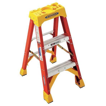 Fiberglas Stepladder, 3 ft Ladder Ht, 2 Steps, 300 lb, 23 1/8 in Base Spread, 18 1/4 in Bottom W