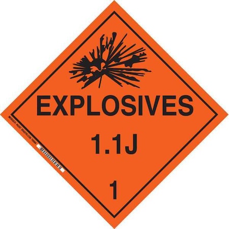 DOT Container Placard, Explosives 1.1 J 1, B-946 Pressure Sensitive Vinyl, 10-3/4"" W x 10-3/4"" H