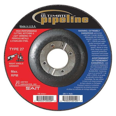 Cut-Off & Grinding Wheel, Type 27, 5 in Dia, 0.125 in Thick, 7/8 in Arbor Hole Size, 24 Grit