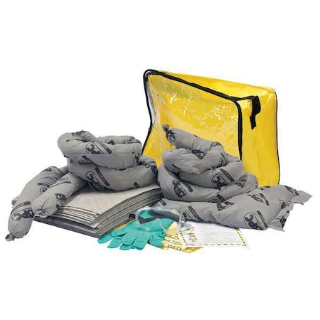 Spill Kit, 15 gal Volume Absorbed per Kit, Bag, Clear/Yellow