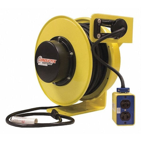 Cord Reel With Hand Lamp, Spring Retracted, NEMA 5-20R, 12 AWG, Yellow Reel Color, 100 ft Length